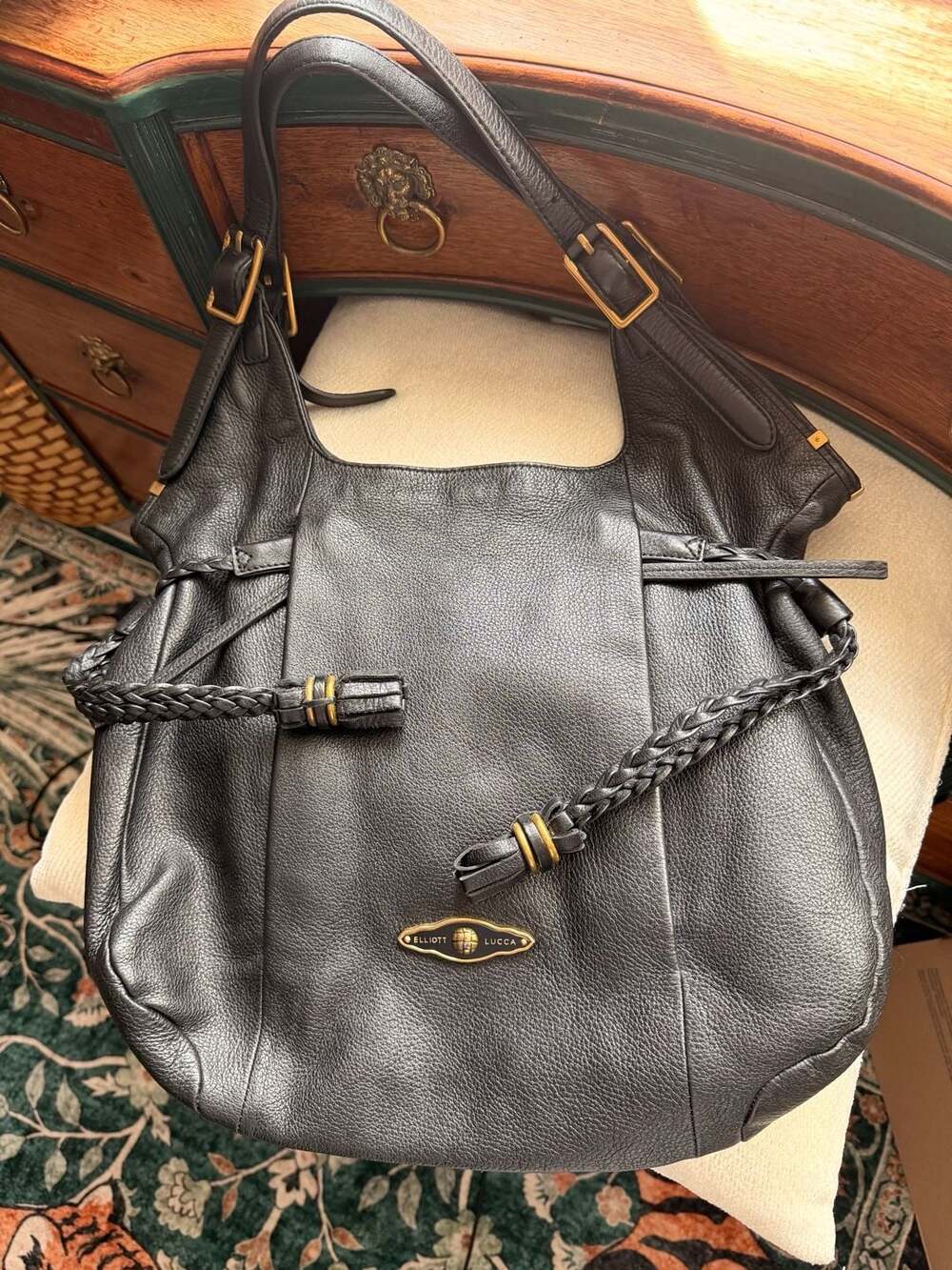 Black Leather Large Boho Hobo Shoulder Bag With Braided Tassels Gold Hardware